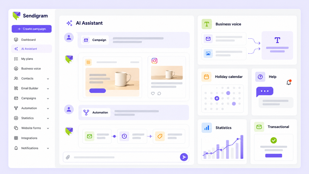 Sendigram AI Assistant, Business voice and holiday calendar