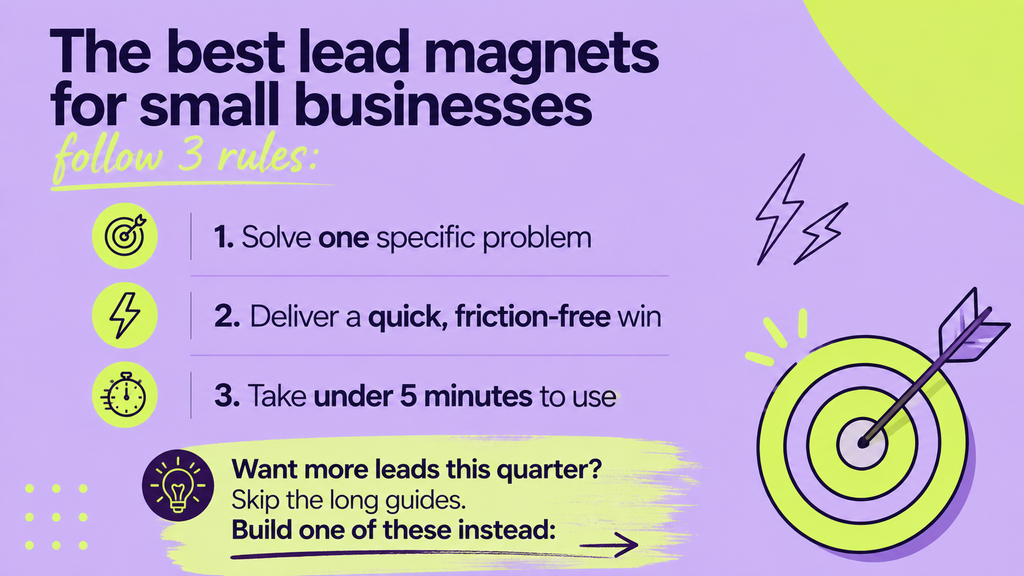The best lead magnets for small businesses solve one specific problem, deliver a quick win and take under 5 minutes to use
