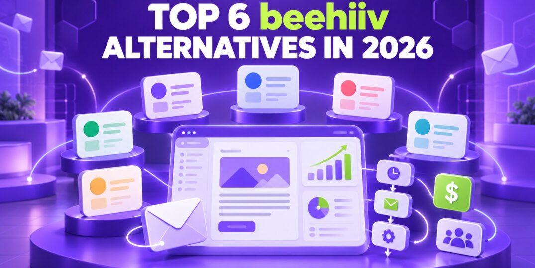 Top 6 beehiiv Alternatives in 2026 – illustration of email marketing platforms around a newsletter dashboard