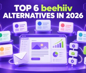 Top 6 beehiiv Alternatives in 2026 – illustration of email marketing platforms around a newsletter dashboard
