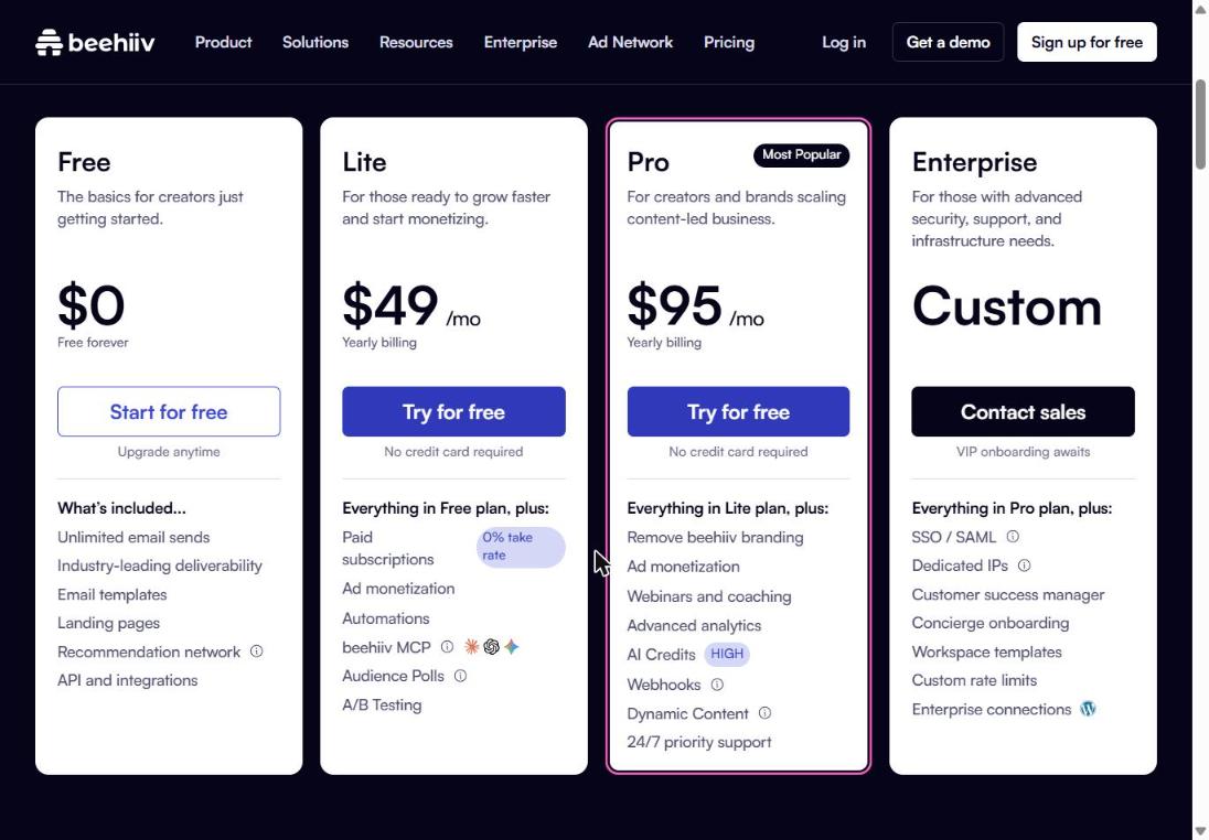 beehiiv pricing page (October 2026)