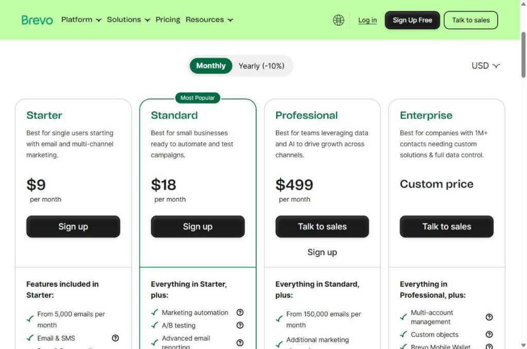 Brevo pricing plans: Starter, Standard, Professional and Enterprise (monthly billing)
