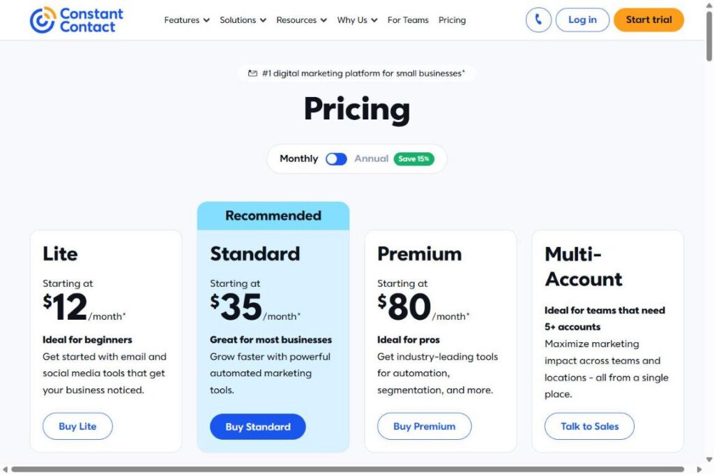 Constant Contact pricing plans: Lite, Standard, Premium and Multi-Account (monthly billing)