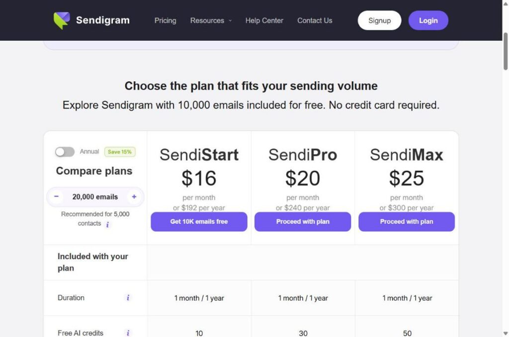 Sendigram pricing plans: SendiStart, SendiPro and SendiMax (monthly billing)