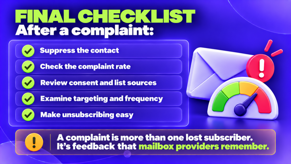 Final checklist after a spam complaint: suppress the contact, check the complaint rate, review consent and list sources, examine targeting and frequency, make unsubscribing easy
