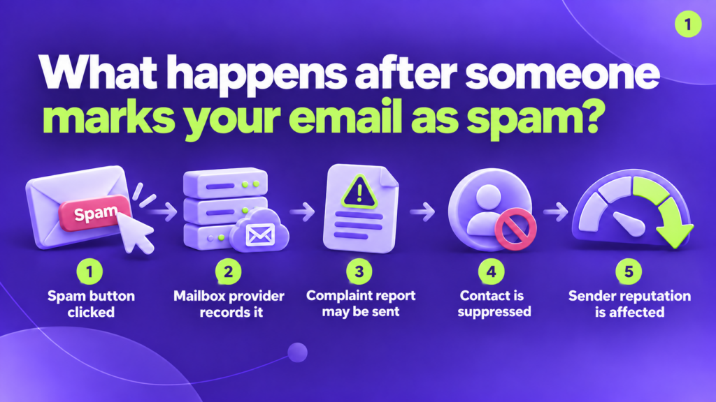 What happens after someone marks your email as spam: spam button clicked, mailbox provider records it, complaint report may be sent, contact is suppressed, sender reputation is affected