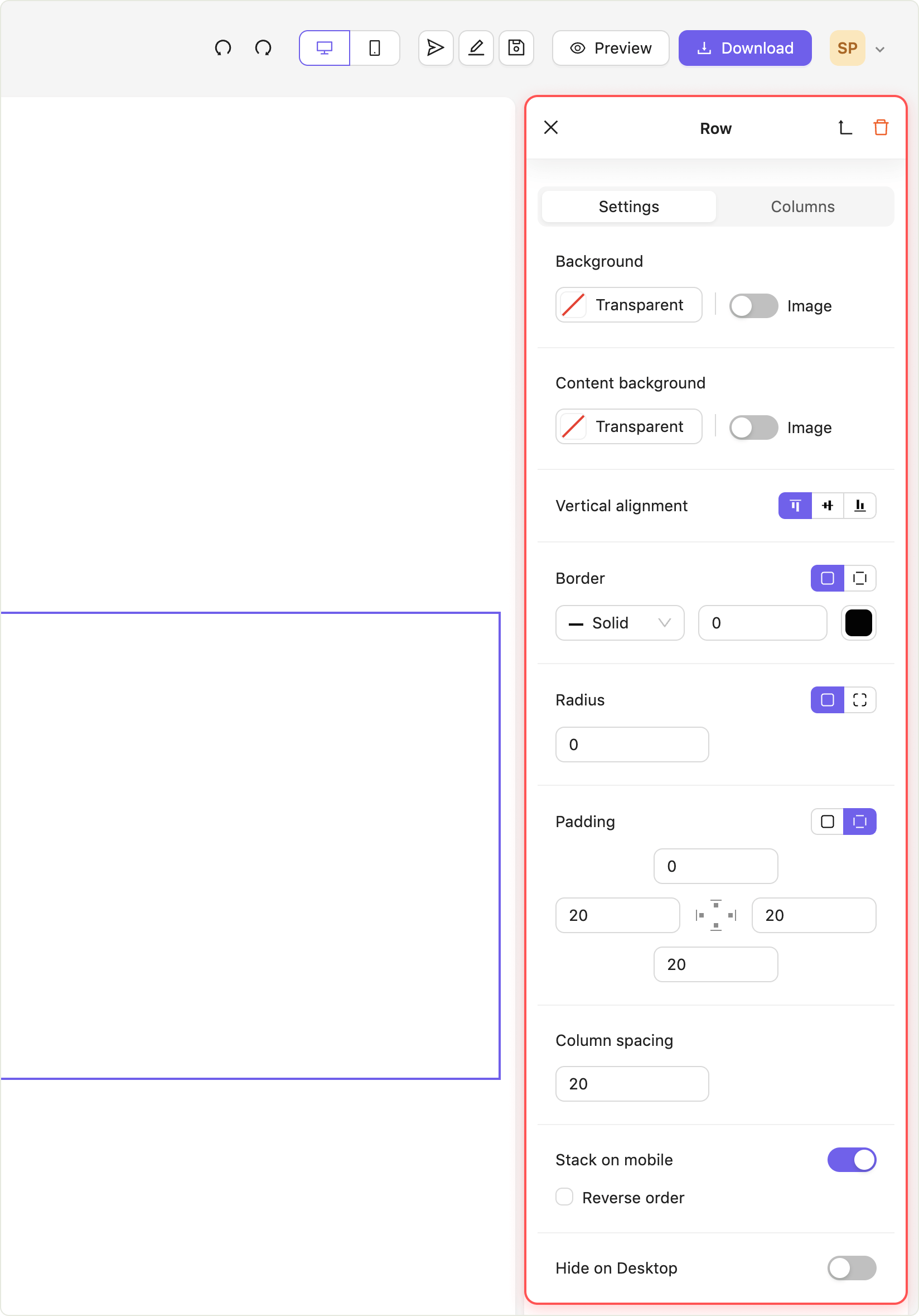 Row settings