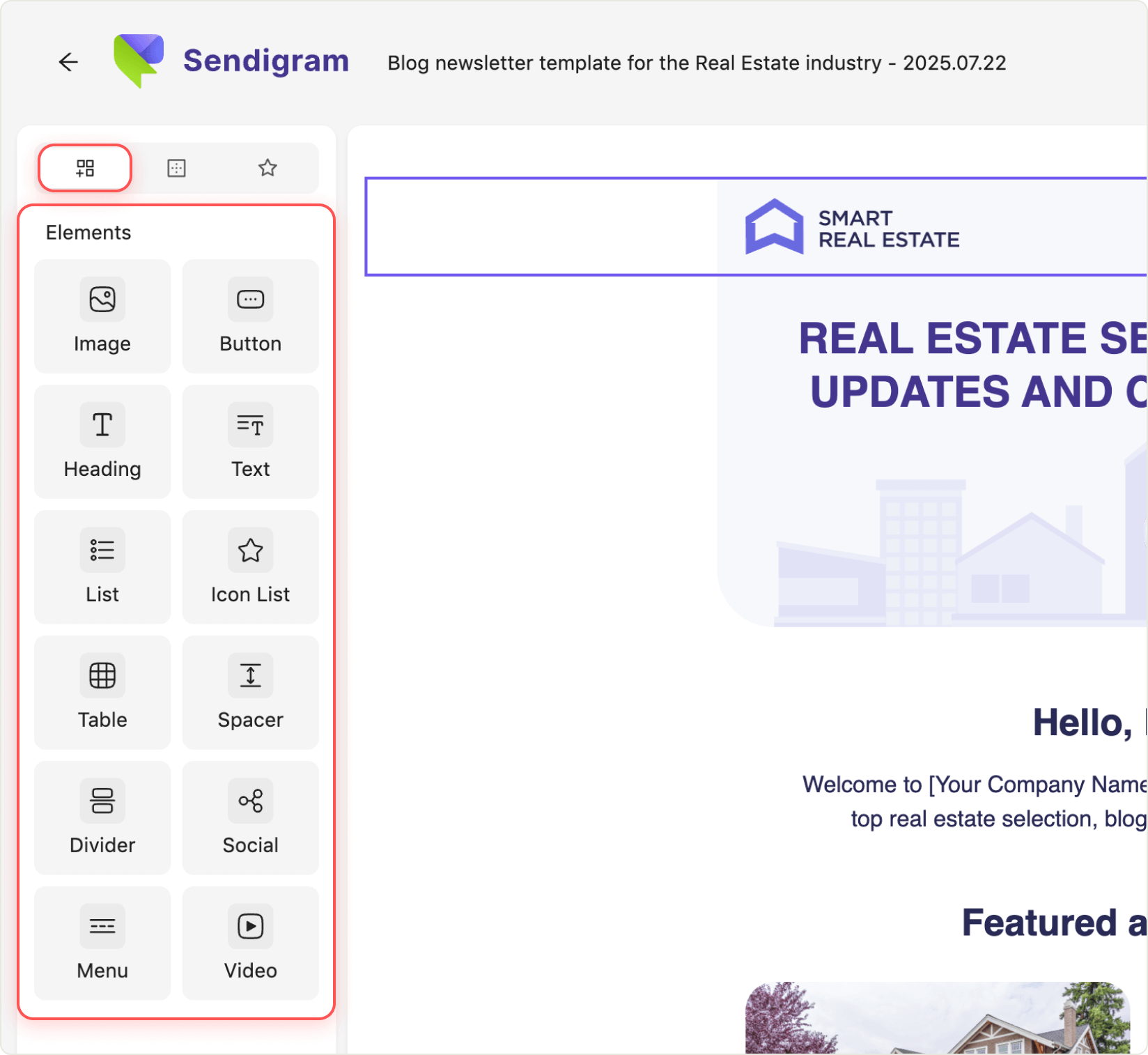 Email elements panel (left sidebar)