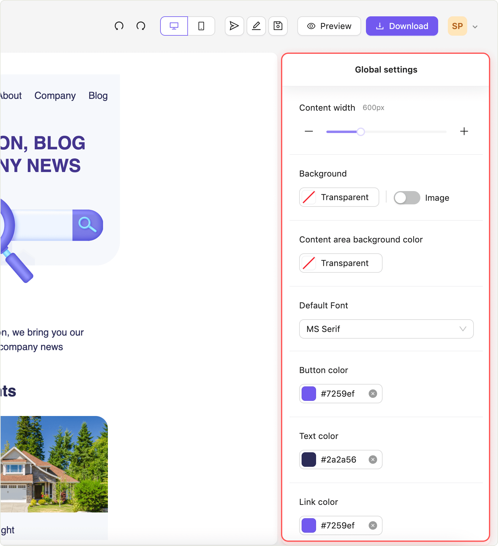 Settings panel (right sidebar)