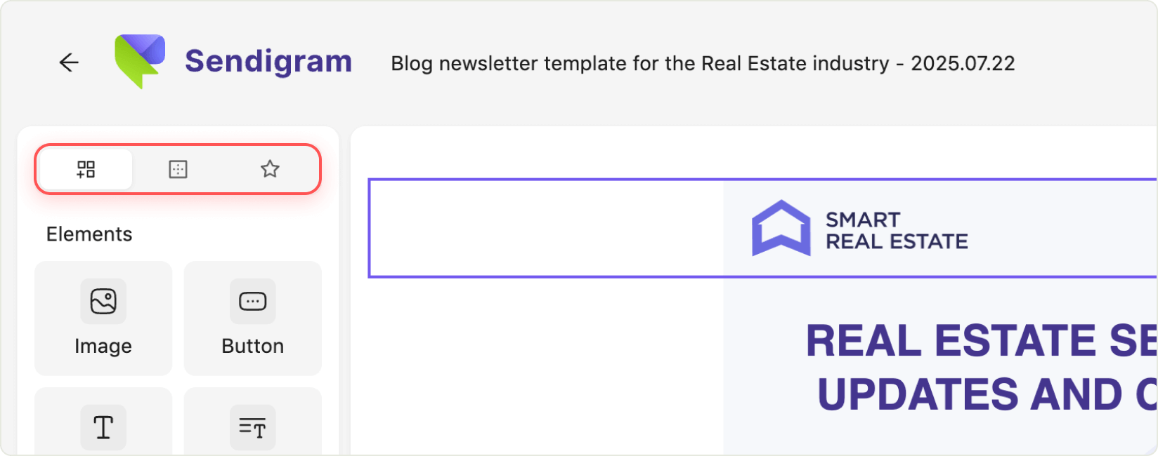 Email elements panel